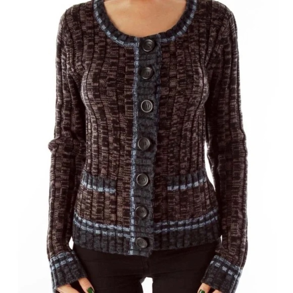 FREE PEOPLE Burnout Multicolor Cable Knit Slim Cardigan with Jumbo Buttons